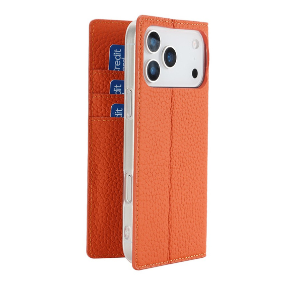 Etui z klapką do iPhone 17 Pro, Litchi Skin Grain, pomarańczowe
