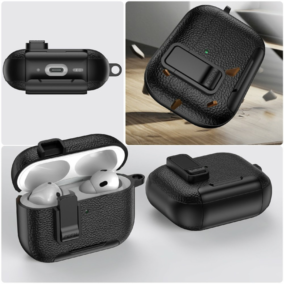 Etui do AirPods Pro 3 z podstawką, zatrzaskiem i karabińczykiem, czarne