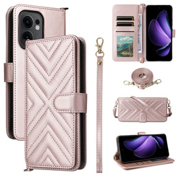 Etui z klapką do Oppo Reno 13F 5G, Crossbody Leather Wallet, różowe