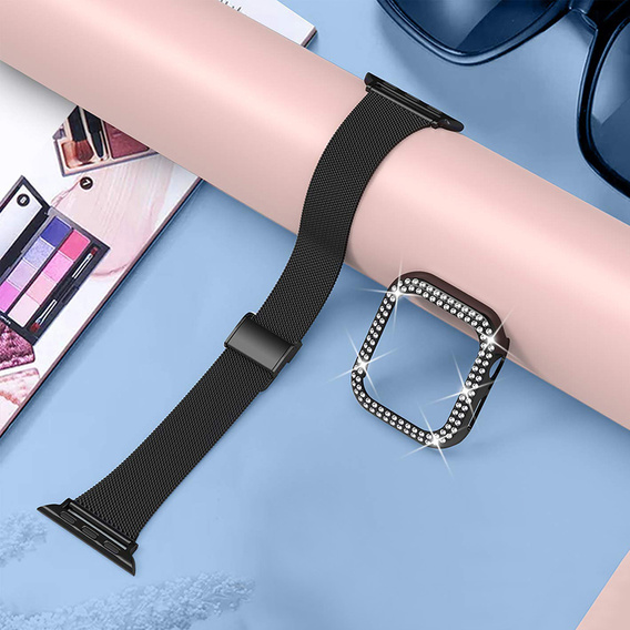 Bransoleta + Etui z Diamentami do Apple Watch 7/8 41mm, Czarna