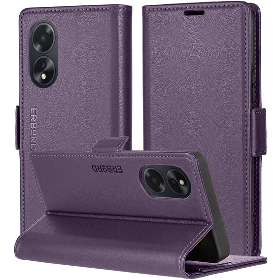 Etui do Oppo A60, ERBORD Glossy Litchi, portfel z klapką, fioletowe