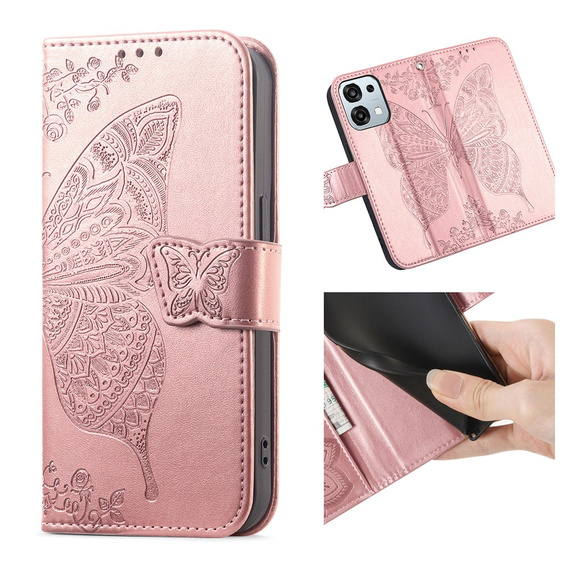 Etui z klapką do Oppo A6 Pro 5G, Butterfly, różowe