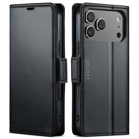 Etui do iPhone 17 Pro Max, ERBORD Glossy Litchi, portfel z klapką, czarne