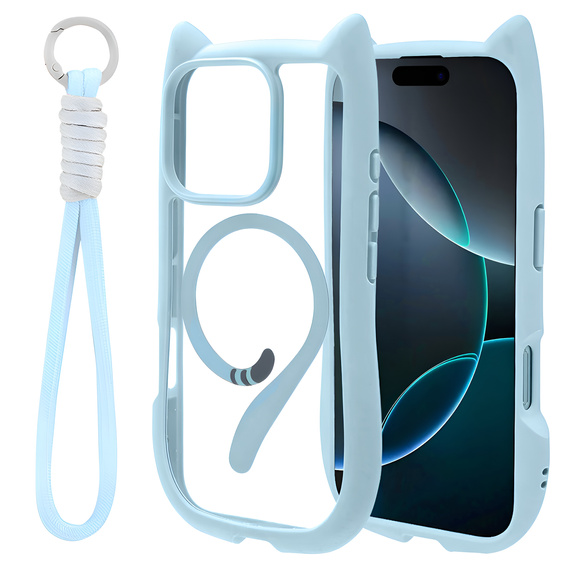 Etui do iPhone 16 Pro, do MagSafe, Cute Cat, niebieskie + Szkło na ekran