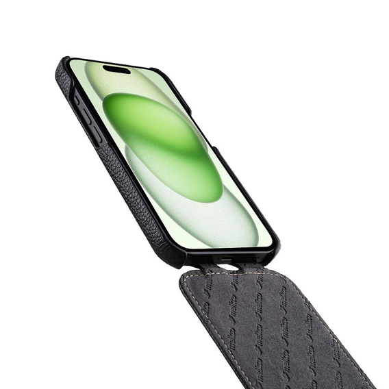 Etui MELKCO z klapką do iPhone 15, skórzane, flip, czarne