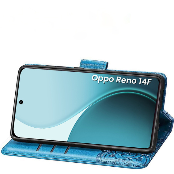 Etui z klapką do Oppo Reno 14 F / 14 FS, z wytłoczonym wzorem motyla, niebieskie