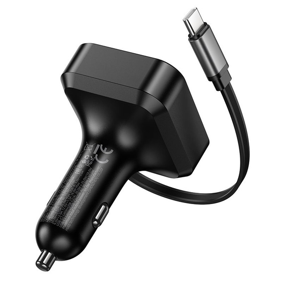 Ładowarka samochodowa Hoco NZ18 2 × USB-C + USB-A QC/PD 65 W ze zwijanym kablem USB-C – czarna