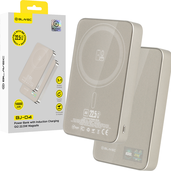 Blavec Power Bank 10000mAh BJ-04 Slim 13,5mm - Typ C - 22,5W, MagSafe 3 w 1 - złoty szklany