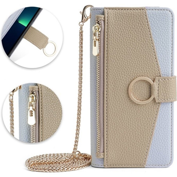 Etui z klapką do iPhone 14 Pro Max, Wallet Zipper Pocket, z lusterkiem, niebieskie