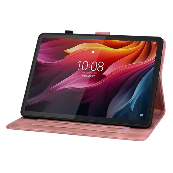 Etui do Lenovo Tab K11 Plus – różowe, z tłoczonym motywem lilii, z kieszeniami na karty