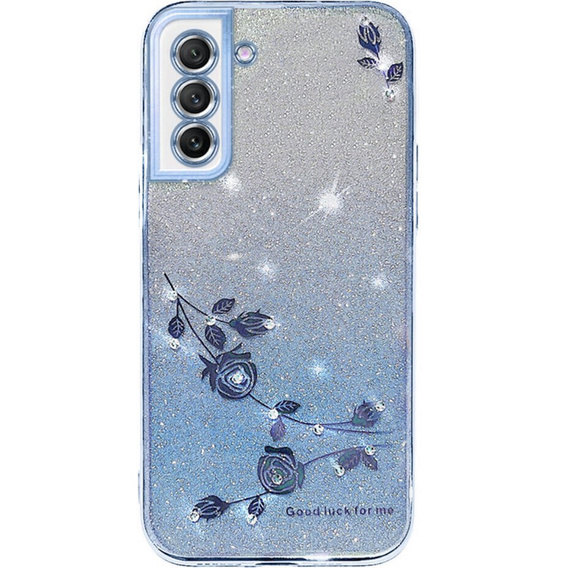 Etui do Samsung Galaxy S21 FE, Glitter Flower, niebieskie