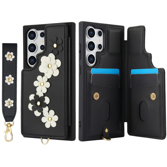 Etui do Samsung Galaxy S25 Ultra, Leather Flower Card Slot, czarne