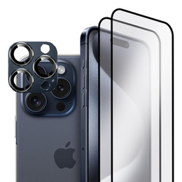 2x Szkło + szybka na aparat granatowa do iPhone 15 Pro Max, ERBORD Hartowane 3D