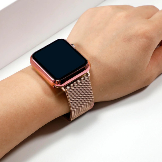 Bransoleta Milanese + Etui z osłoną na ekran do Apple Watch 1/2/3/4/5/6/SE 42/44MM, Różowe złoto