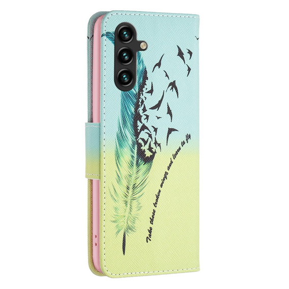 Etui z klapką do Samsung Galaxy A55 5G, Wallet, Feather niebieskie / żółte