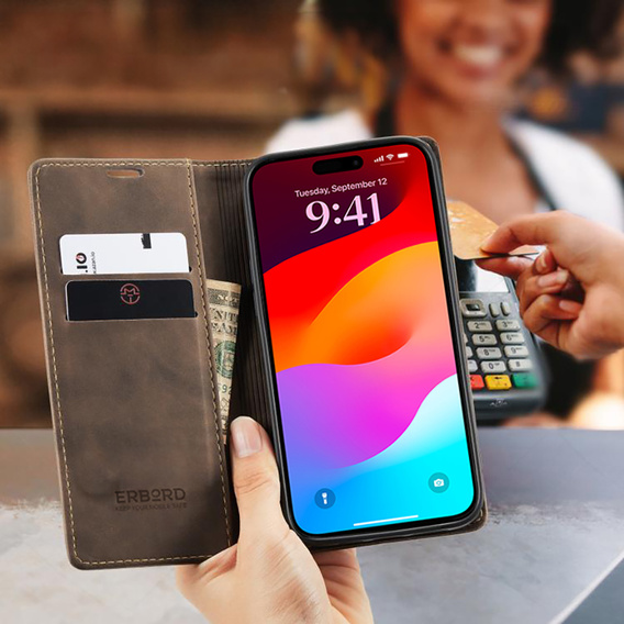 Etui do iPhone 17 Pro Max, ERBORD Vintage portfel z klapką, brązowe