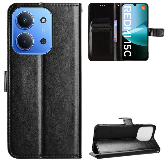 Etui z klapką do Xiaomi Redmi 15C 4G/LTE, Crazy Horse Wallet, czarne