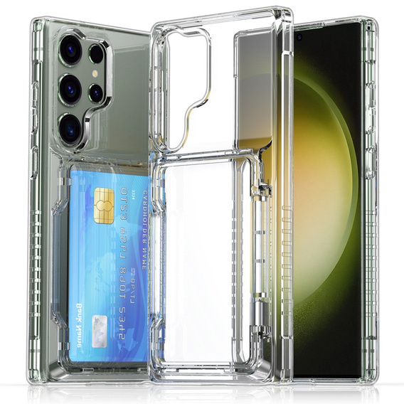 Przezroczyste etui do Samsung Galaxy S25 Ultra – PC + TPU, z kieszonką na kartę i funkcją podstawki