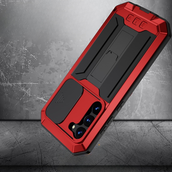 Etui pancerne do Samsung Galaxy S23, R-JUST CamShield Slide, czerwone / czarne