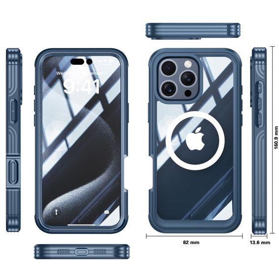Etui do iPhone 16 Pro, Shockproof, ze szkłem, do MagSafe, granatowe