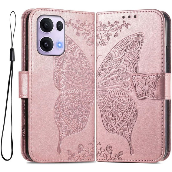 Etui z klapką do Oppo Reno 13 Pro, Butterfly, różowe rose gold