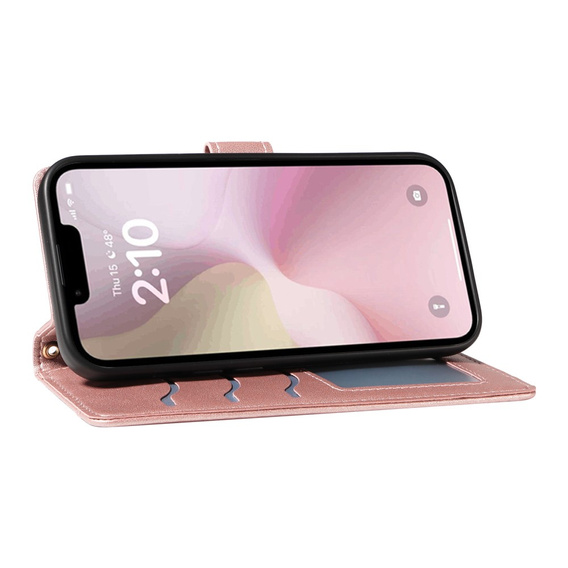 Etui z klapką do iPhone 16E, Rhombus Crossbody Leather, różowe rose gold