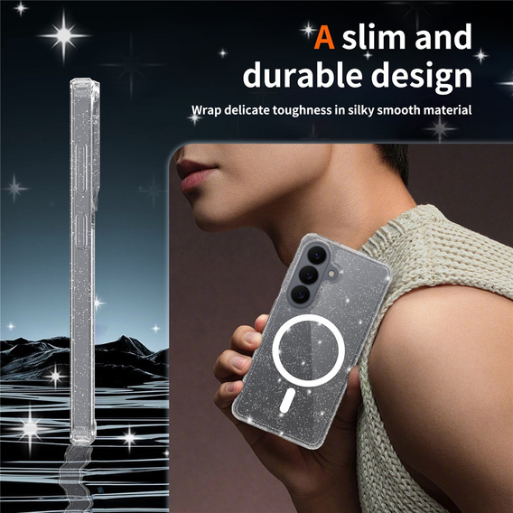 Etui do Samsung Galaxy S26, do MagSafe, brokatowe, przezroczyste