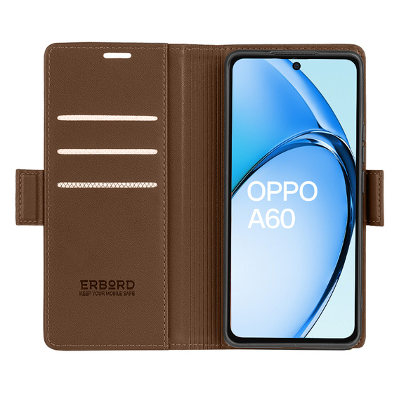 Etui do Oppo A60, ERBORD Glossy Litchi, portfel z klapką, brązowe