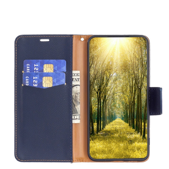 Etui z klapką do Samsung Galaxy A15, Wallet Litchi Leather, niebieskie + szkło 9H