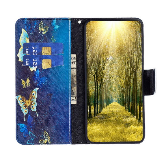 Etui z klapką do Samsung Galaxy A25 5G, Wallet, butterfly, niebieskie + szkło 9H