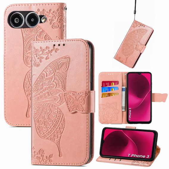 Etui z klapką do T Phone 3 5G, Butterfly, różowe rose gold