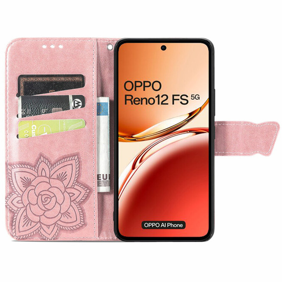 Etui z klapką do Oppo Reno 12FS / 12F, Butterfly, różowe rose gold