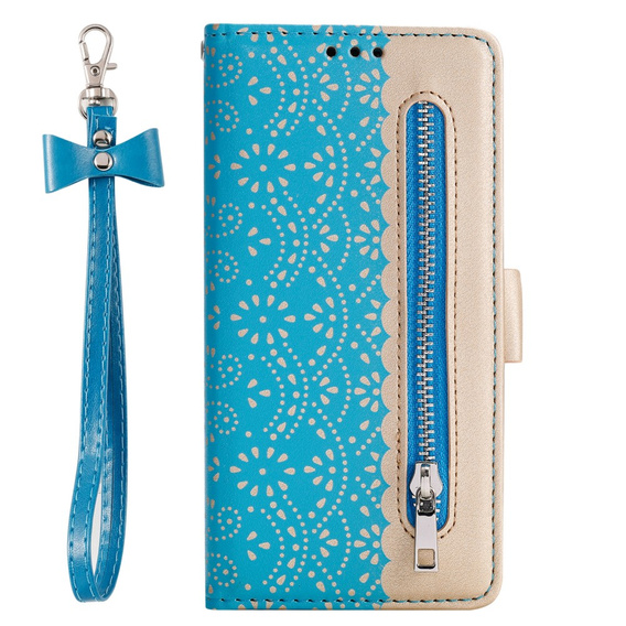 Etui z klapką do Samsung Galaxy S22+ Plus 5G, Wallet Pocket Zipper Lace, niebieskie