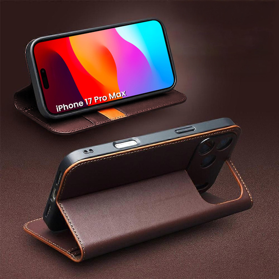 Etui z klapką QIALINO do iPhone 17 Pro Max, skórzane, brązowe