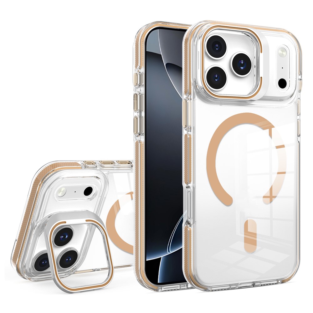 Etui do iPhone 17 Pro Max, do MagSafe, z podstawką, przezroczyste ze złotymi akcentami