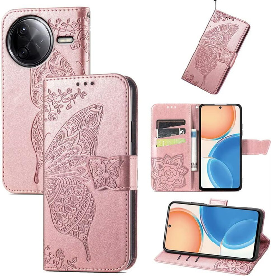 Etui z klapką do Xiaomi Poco F7 Pro, Butterfly, różowe rose gold