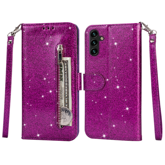 Etui z klapką do Samsung Galaxy A35 5G, Wallet Zipper Pocket Glittery, fioletowe