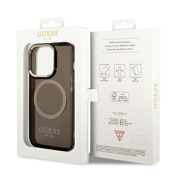 Etui GUESS do iPhone 14 Pro Max, Gold Outline Translucent MagSafe, czarne