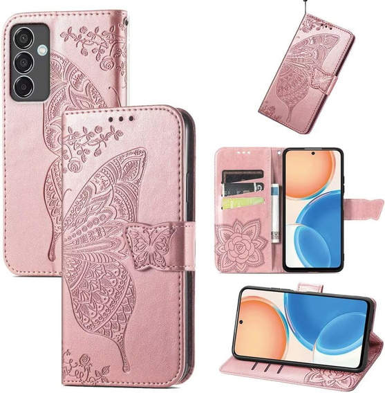 Etui z klapką do Samsung Galaxy S24 FE, Butterfly, różowe rose gold