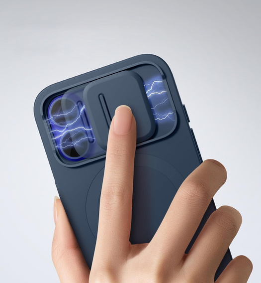 SURITCH Magnetyczne etui ochronne do iPhone 16 z osłoną kamery i podstawką - niebieskie
