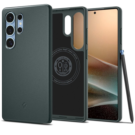 Etui Spigen do Samsung Galaxy S25 Ultra, Thin Fit Mag, zielone + Szkło hartowane 9H