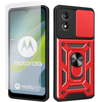 Zestaw Etui pancerne do Motorola Moto E13, CamShield Slide, czerwone + szkło