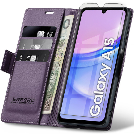 Etui do Samsung Galaxy A15 4G / 5G, ERBORD Glossy Litchi, portfel z klapką, fioletowe + Szkło Hartowane 9H