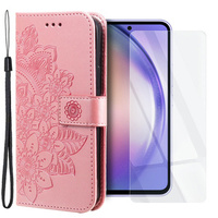 Zestaw Etui z klapką do Samsung Galaxy A54 5G, portfel Mandala i kwiaty, rose gold różowe + szkło