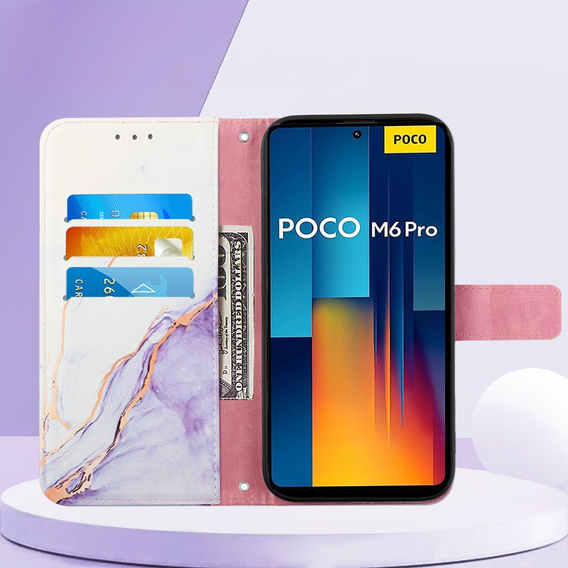 Etui z klapką do Xiaomi Redmi Note 13 Pro 4G / Xiaomi Redmi Note 14S / Xiaomi Poco M6 Pro 4G, Wallet, Marble fioletowe