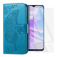 Zestaw Etui z klapką do Oppo A78 5G, Motyl, Niebieskie + szkło