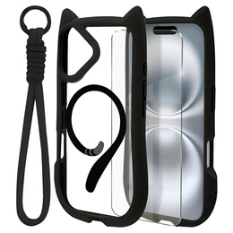 Etui do iPhone 16, do MagSafe, Cute Cat, czarne + Szkło na ekran