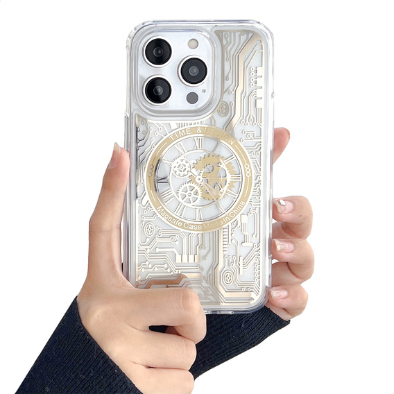 Etui do iPhone 13 Pro, do MagSafe, Mechanical Clock, Przezroczyste / Złote
