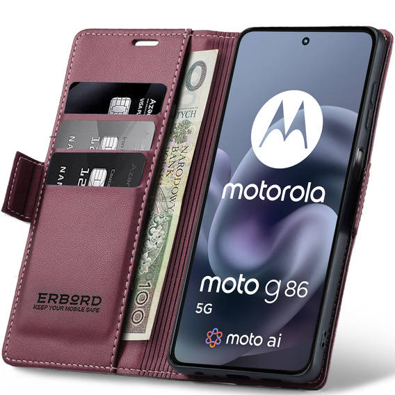 Funkcja podstawki i magnes w czerwonym etui ERBORD Glossy Litchi do Motorola Moto G86 5G