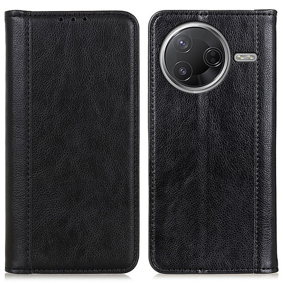 Etui z klapką do Xiaomi Poco F7 Pro / F7 Ultra – czarne, skórzane (split leather), z podstawką i kieszenią na kartę